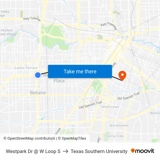 Westpark Dr @ W Loop S to Texas Southern University map