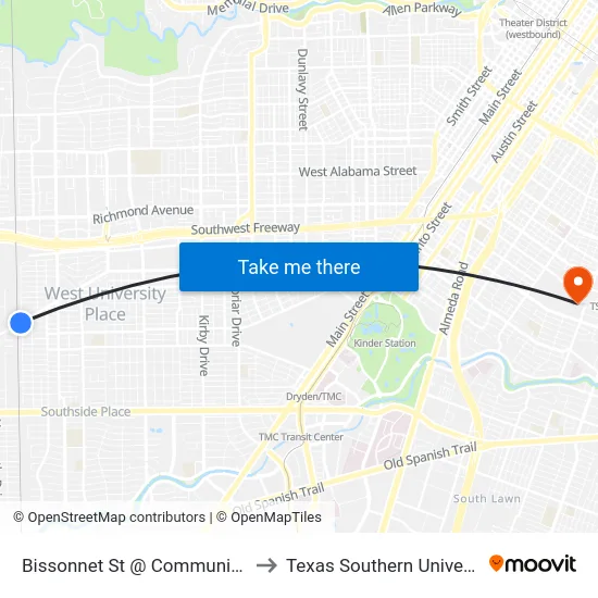 Bissonnet St @ Community Dr to Texas Southern University map