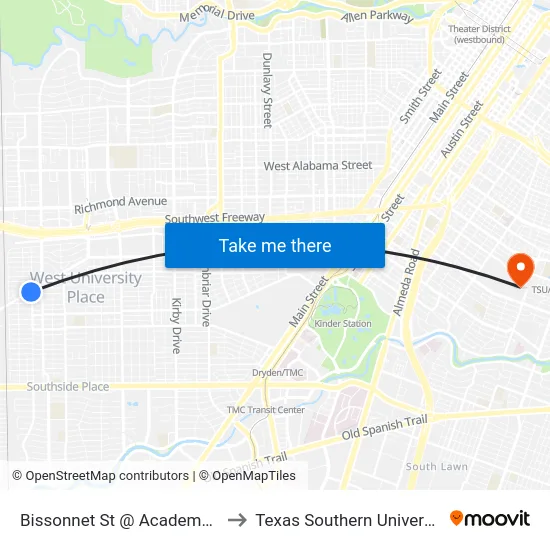 Bissonnet St @ Academy St to Texas Southern University map