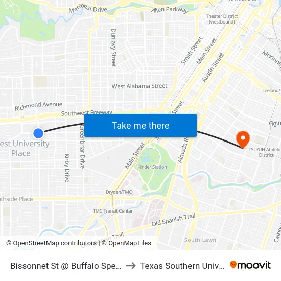Bissonnet St @ Buffalo Speedway to Texas Southern University map