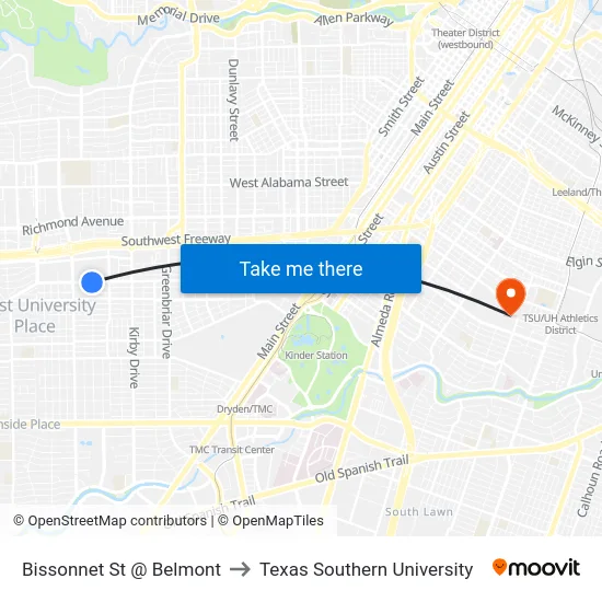 Bissonnet St @ Belmont St to Texas Southern University map