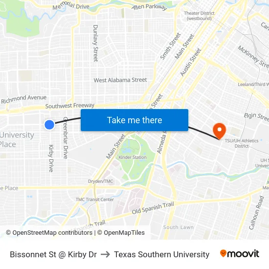 Bissonnet St @ Kirby Dr to Texas Southern University map