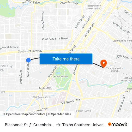 Bissonnet St @ Greenbriar Dr to Texas Southern University map