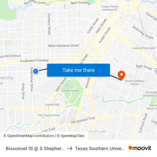 Bissonnet St @ S Shepherd Dr to Texas Southern University map