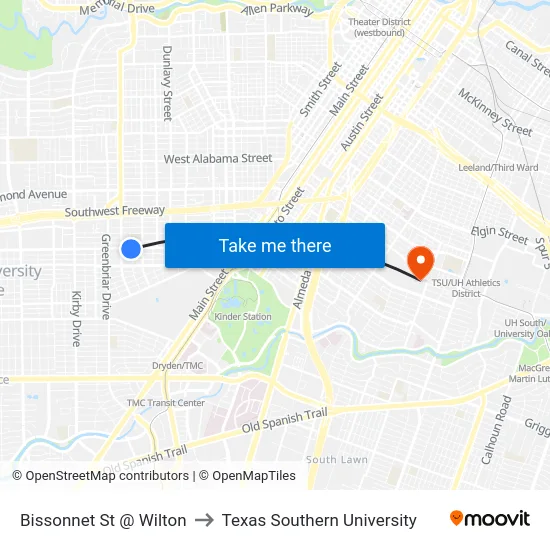 Bissonnet St @ Wilton to Texas Southern University map