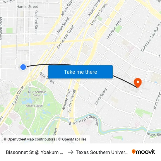 Bissonnet St @ Yoakum Blvd to Texas Southern University map
