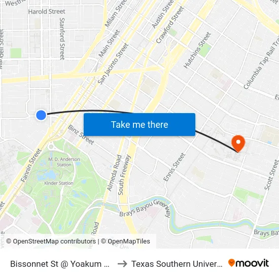 Bissonnet St @ Yoakum Blvd to Texas Southern University map