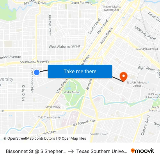 Bissonnet St @ S Shepherd Dr to Texas Southern University map