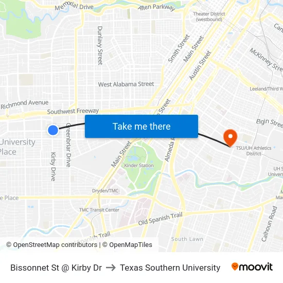 Bissonnet St @ Kirby Dr to Texas Southern University map