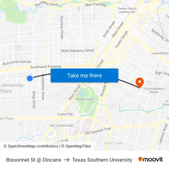 Bissonnet St @ Dincans to Texas Southern University map