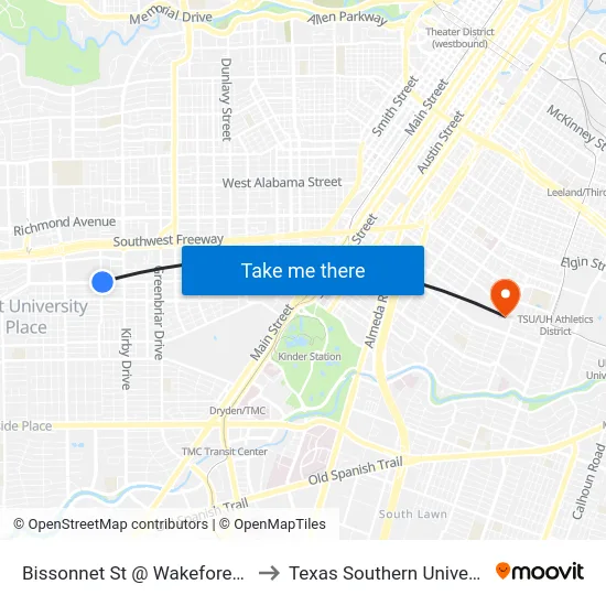 Bissonnet St @ Wakeforest St to Texas Southern University map