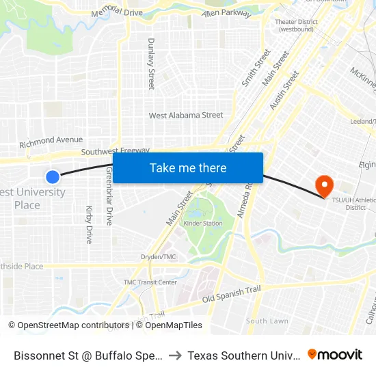 Bissonnet St @ Buffalo Speedway to Texas Southern University map