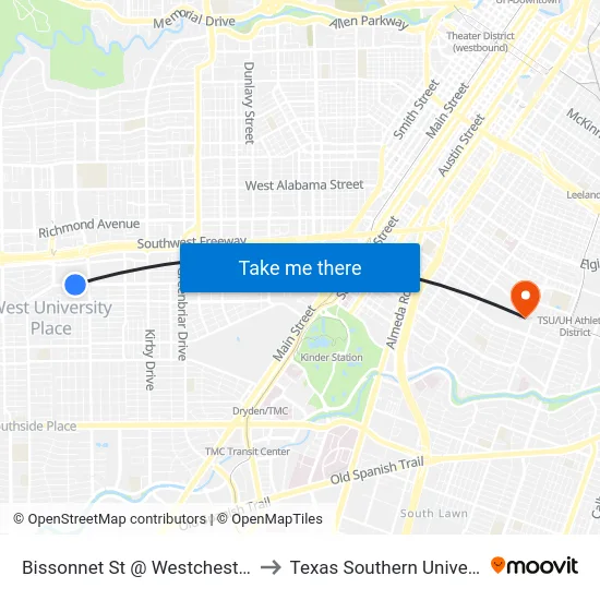 Bissonnet St @ Westchester St to Texas Southern University map