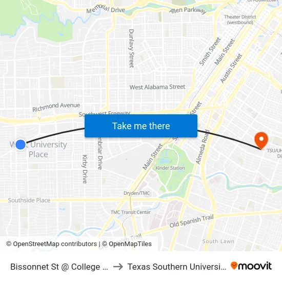 Bissonnet St @ College St to Texas Southern University map