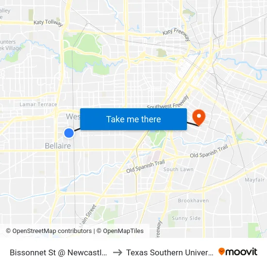 Bissonnet St @ Newcastle Dr to Texas Southern University map