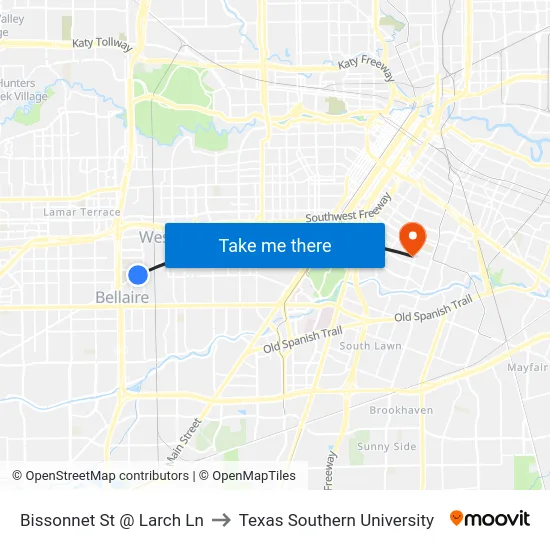 Bissonnet St @ Larch Ln to Texas Southern University map