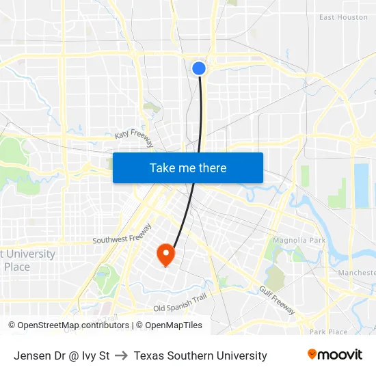 Jensen Dr @ Ivy St to Texas Southern University map