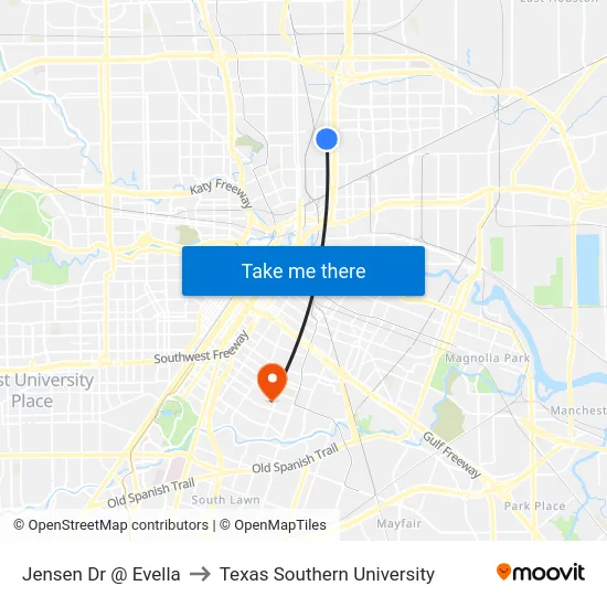 Jensen Dr @ Evella to Texas Southern University map