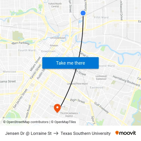 Jensen Dr @ Lorraine St to Texas Southern University map