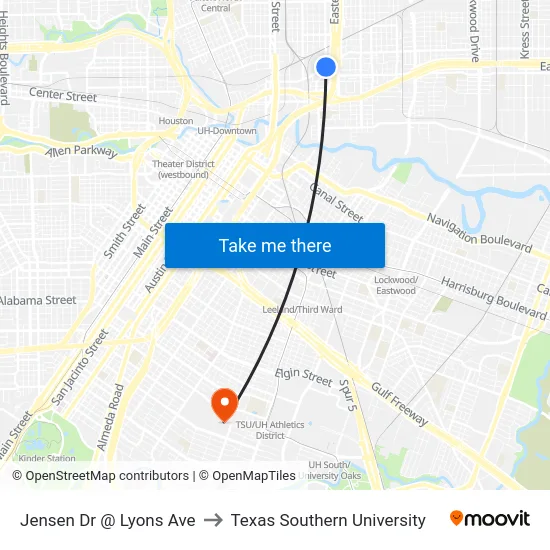 Jensen Dr @ Lyons Ave to Texas Southern University map