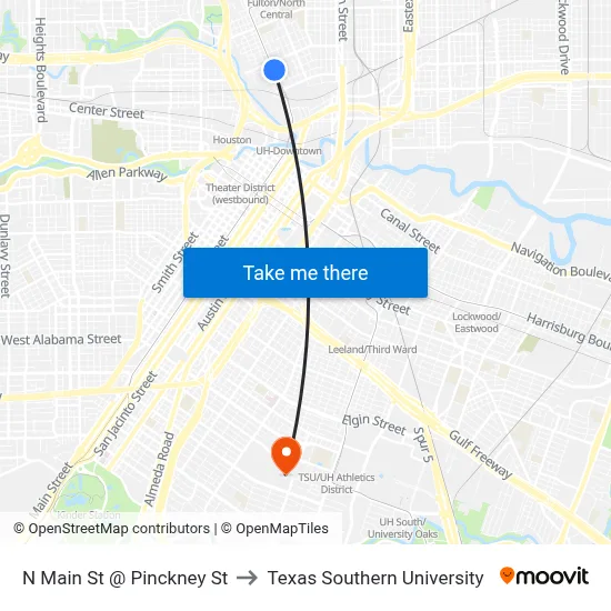 N Main St @ Pinckney St to Texas Southern University map