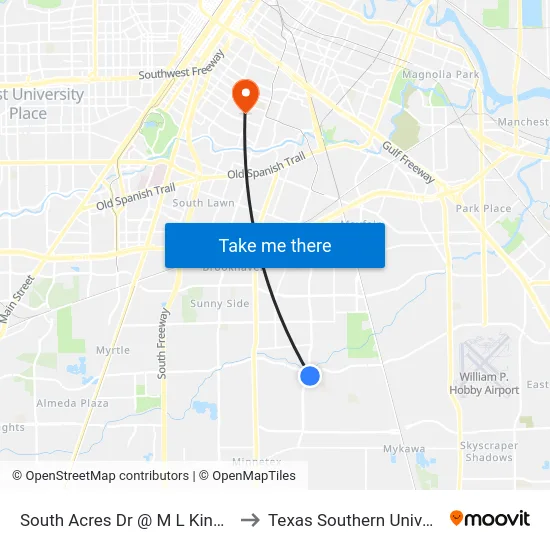 South Acres Dr @ M L King Blvd to Texas Southern University map