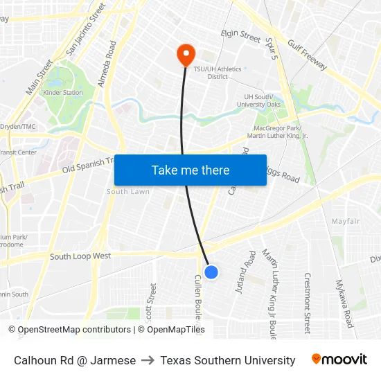 Calhoun Rd @ Jarmese to Texas Southern University map