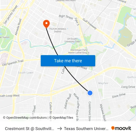 Crestmont St @ Southville St to Texas Southern University map