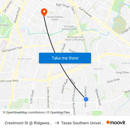 Crestmont St @ Ridgeway Dr to Texas Southern University map