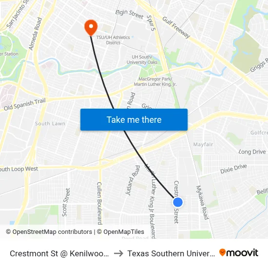 Crestmont St @ Kenilwood Dr to Texas Southern University map
