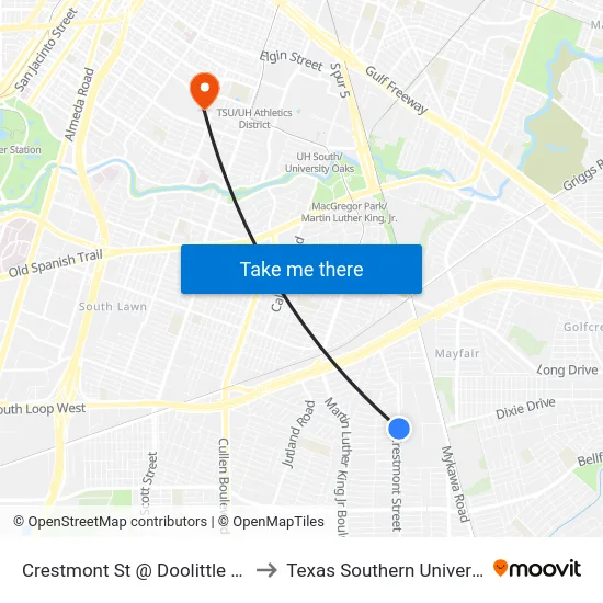 Crestmont St @ Doolittle Blvd to Texas Southern University map