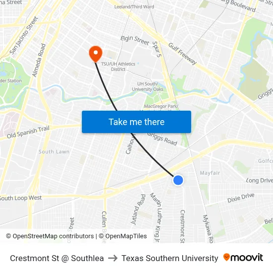 Crestmont St @ Southlea to Texas Southern University map