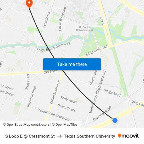 S Loop E @ Crestmont St to Texas Southern University map