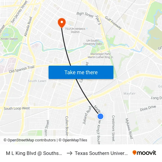 M L King Blvd @ Southseas to Texas Southern University map