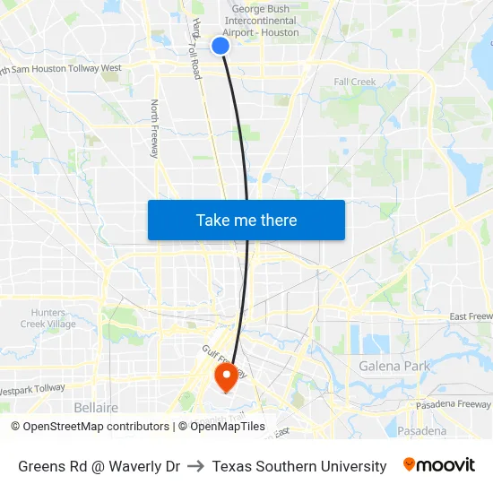 Greens Rd @ Waverly Dr to Texas Southern University map