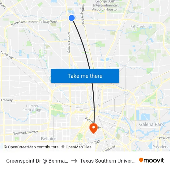 Greenspoint Dr @ Benmar Dr to Texas Southern University map