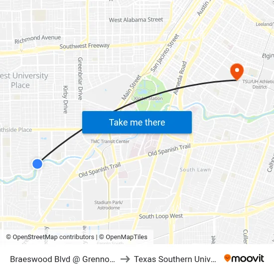 Braeswood Blvd @ Grennoch Ln to Texas Southern University map