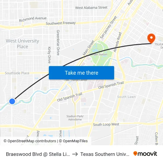 Braeswood Blvd @ Stella Link Rd to Texas Southern University map