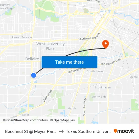 Beechnut St @ Meyer Park Dr to Texas Southern University map