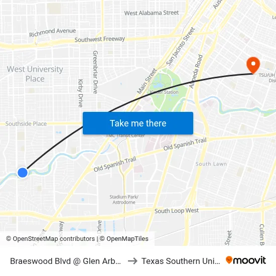 Braeswood Blvd @ Glen Arbor Dr MB to Texas Southern University map