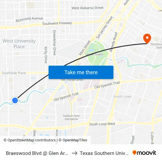 Braeswood Blvd @ Glen Arbor Dr to Texas Southern University map