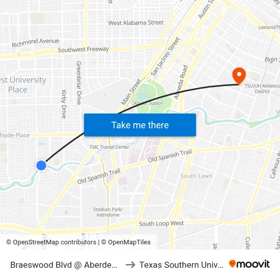 Braeswood Blvd @ Aberdeen Way to Texas Southern University map
