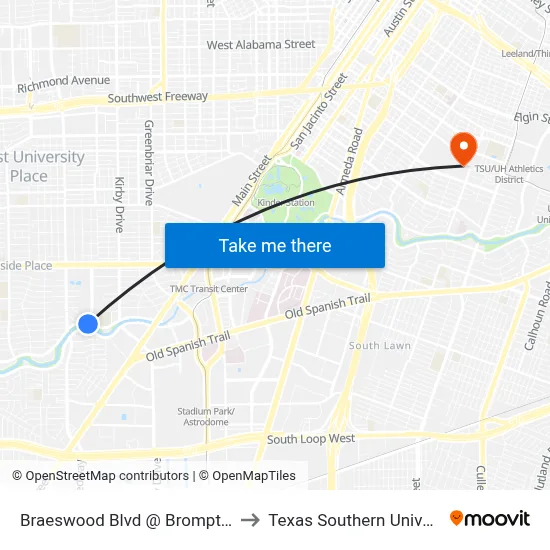 Braeswood Blvd @ Brompton St to Texas Southern University map