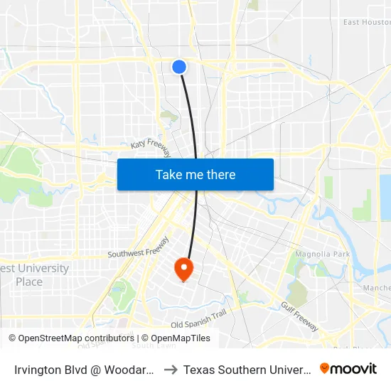 Irvington Blvd @ Woodard St to Texas Southern University map