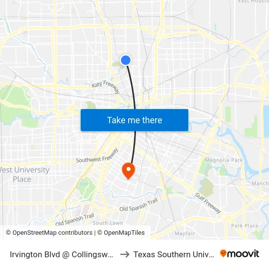Irvington Blvd @ Collingsworth St to Texas Southern University map