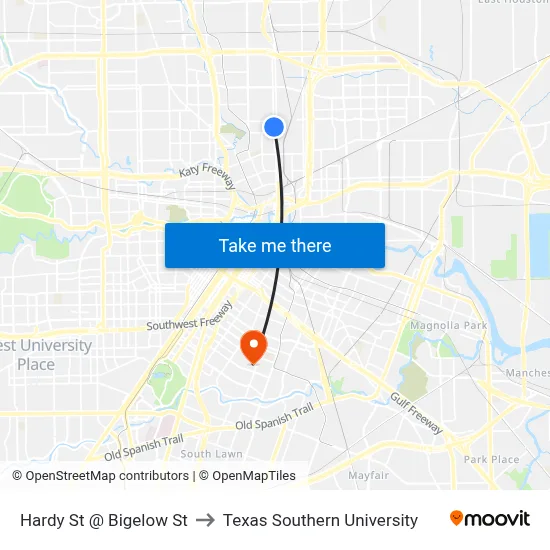 Hardy St @ Bigelow St to Texas Southern University map