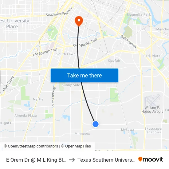 E Orem Dr @ M L King Blvd to Texas Southern University map