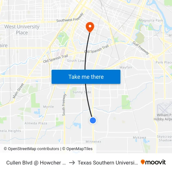 Cullen Blvd @ Howcher St to Texas Southern University map