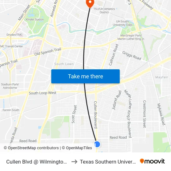 Cullen Blvd @ Wilmington St to Texas Southern University map