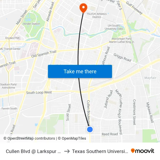 Cullen Blvd @ Larkspur St to Texas Southern University map
